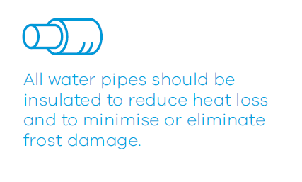 All water pipes should be insulated to reduce heat loss and to minimise or eliminate frost damage.