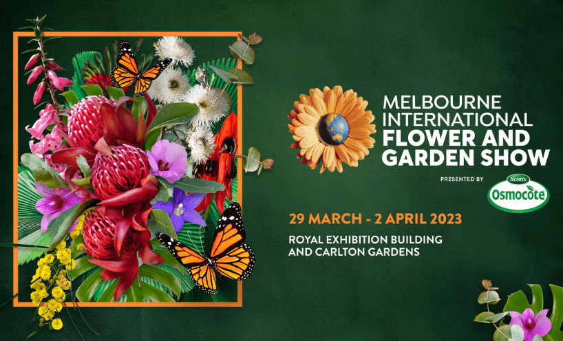 Melbourne International Flower and Garden Show banner-red,yellow,white and pink flowers and black and orange butterfly in an orange square