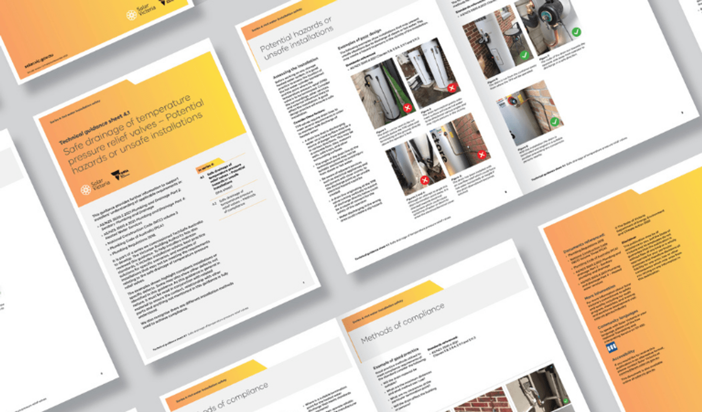 Collection of hot water installation guidance documents and technical resources displayed in a digital layout, highlighting heat pump and hot water system installation standards, compliance requirements and best-practice guidance for plumbing and energy industry professionals.
